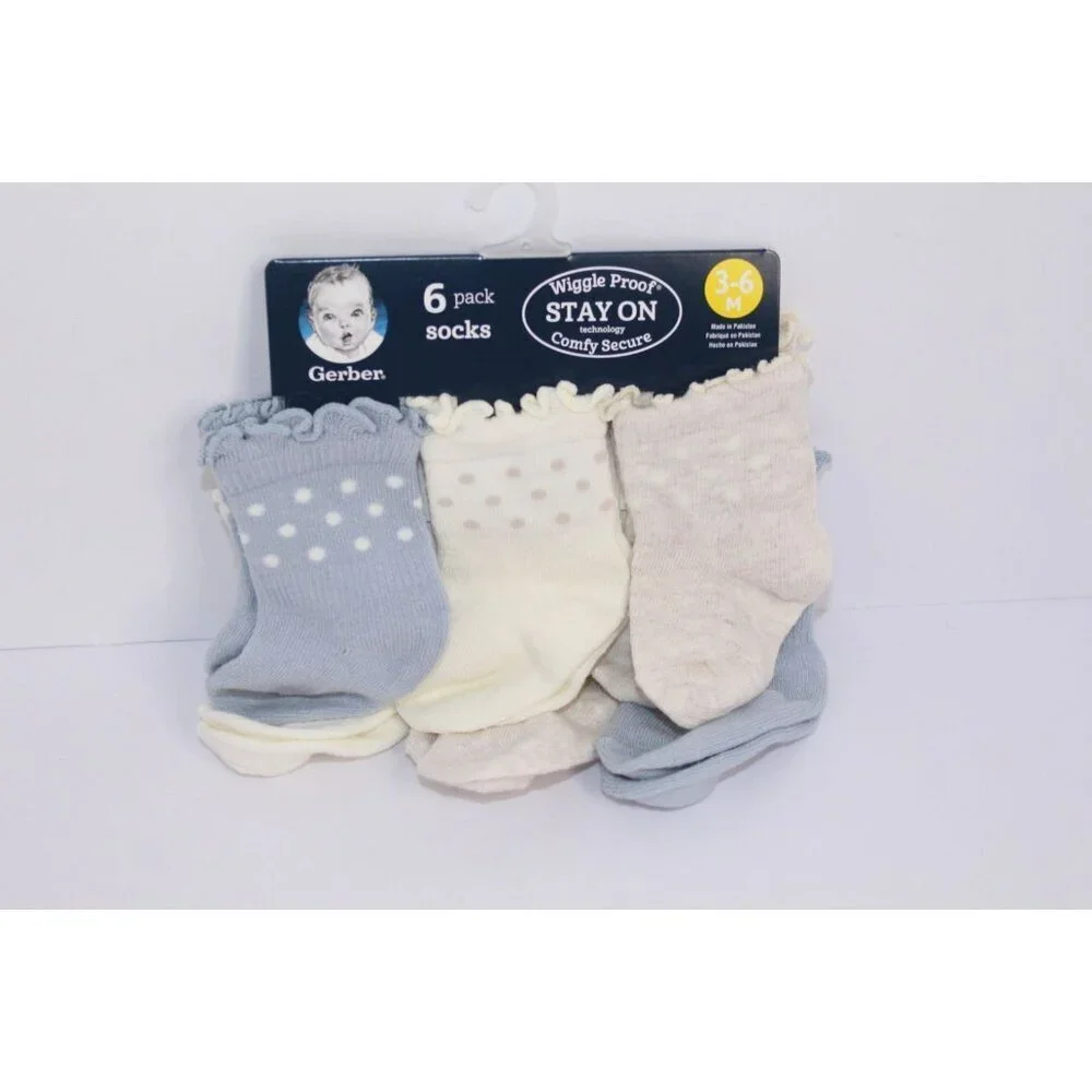 Gerber Wiggle Proof Stay On Infant Bootie Socks‎ 3-6 Months Beige Blue 6 Pack